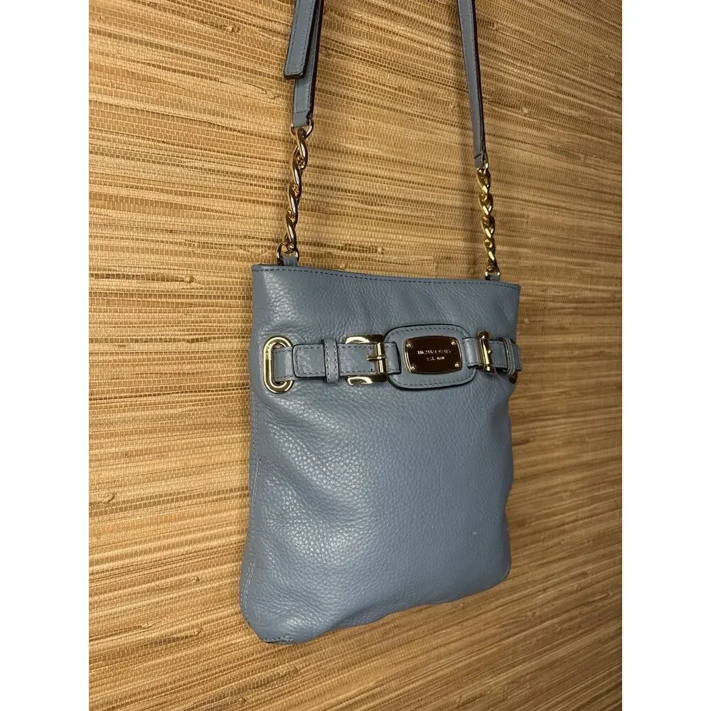 Michael Kors Hamilton Pebbled Leather Crossbody Bag Blue 11” x 10”
